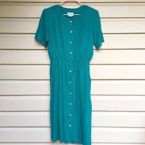 Vintage 80s Dress Teal Short Sleeve Buttons Medium